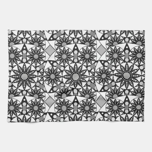 Mandala patroon, zwart, wit en grijs theedoek (Horizontaal)