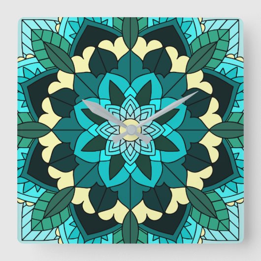 Mandala Pattern 02 in aqua Square Wall Clock Vierkante Klok (Voorkant)