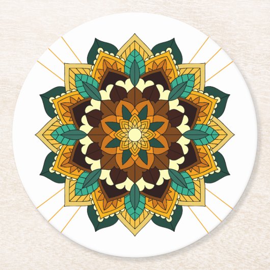 Mandala Pattern 02 in geel & tan Round Paper Coa Ronde Kartonnen Onderzetter (Voorkant)