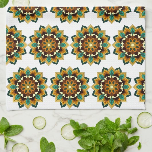 Mandala Pattern 02 in yellow & tan Tea Towel Theedoek (Gevouwen)