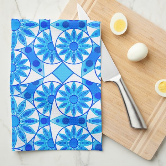Mandala Pattern, Cobalt Blue, Turquoise en White Theedoek (Quarter Fold)