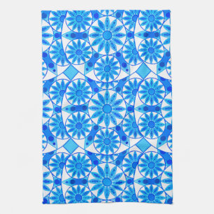 Mandala Pattern, Cobalt Blue, Turquoise en White Theedoek