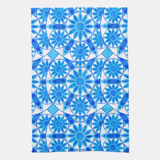Mandala Pattern, Cobalt Blue, Turquoise en White Theedoek (Verticaal)