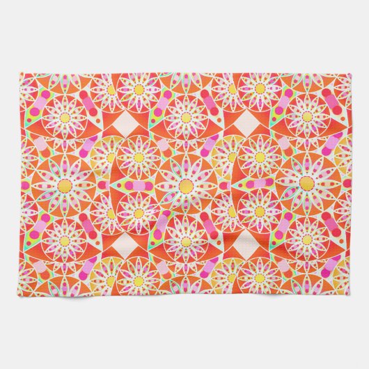 Mandala Pattern, Coral Red, Roze, Gold Theedoek (Horizontaal)