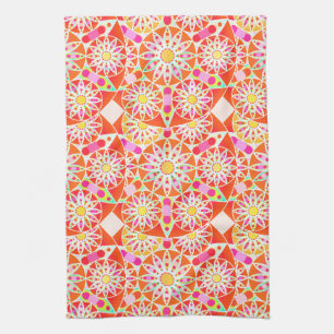 Mandala Pattern, Coral Red, Roze, Gold Theedoek