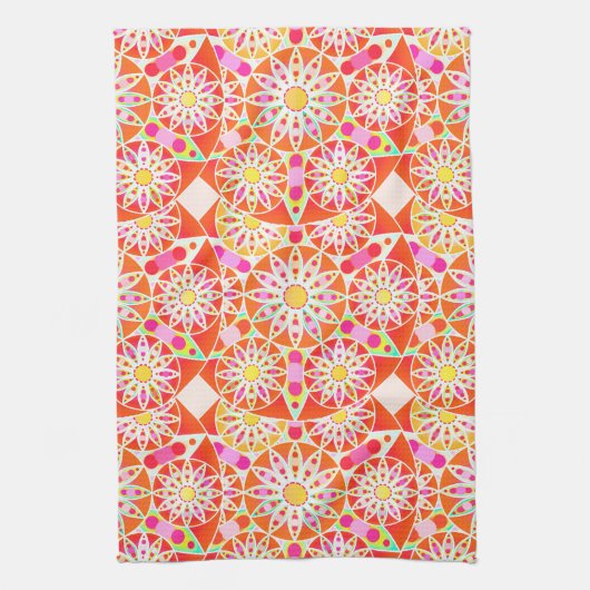 Mandala Pattern, Coral Red, Roze, Gold Theedoek (Verticaal)