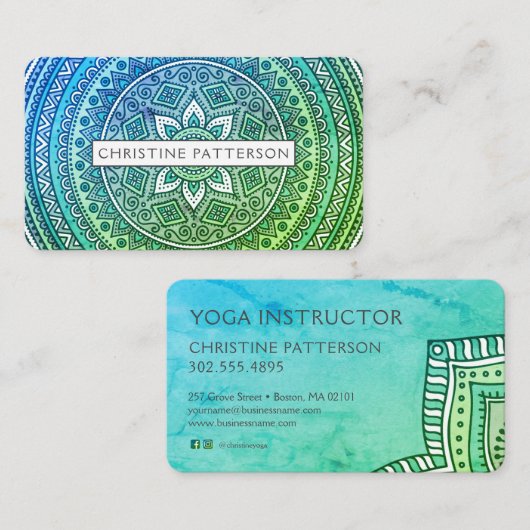 Mandala Pattern Green Blue Yoga Meditation Visitekaartje (Voorkant / Achterkant)