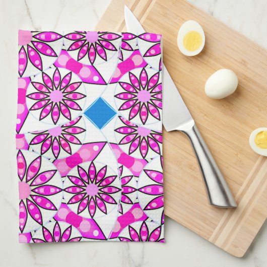 Mandala Pattern, Hot Pink, Black en White Theedoek (Quarter Fold)