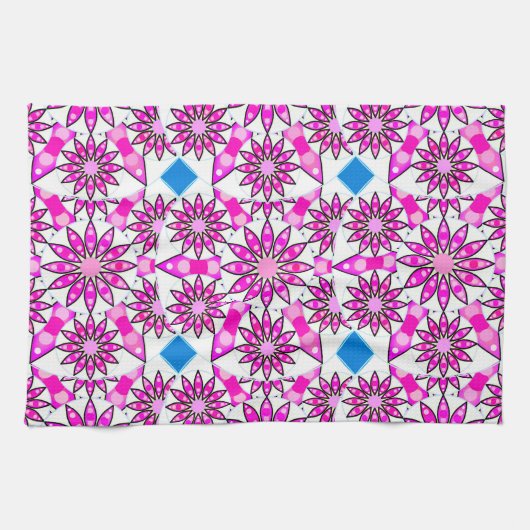 Mandala Pattern, Hot Pink, Black en White Theedoek (Horizontaal)