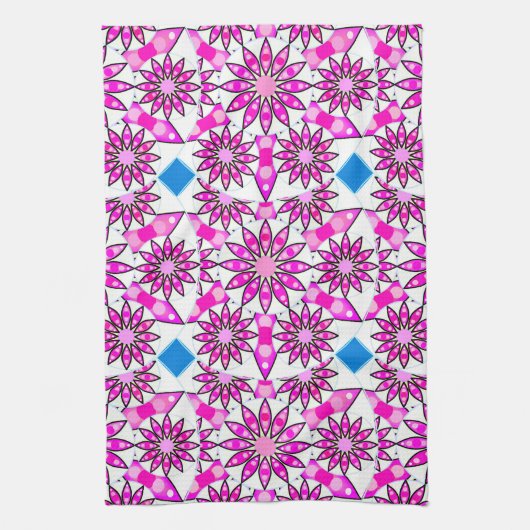 Mandala Pattern, Hot Pink, Black en White Theedoek (Verticaal)