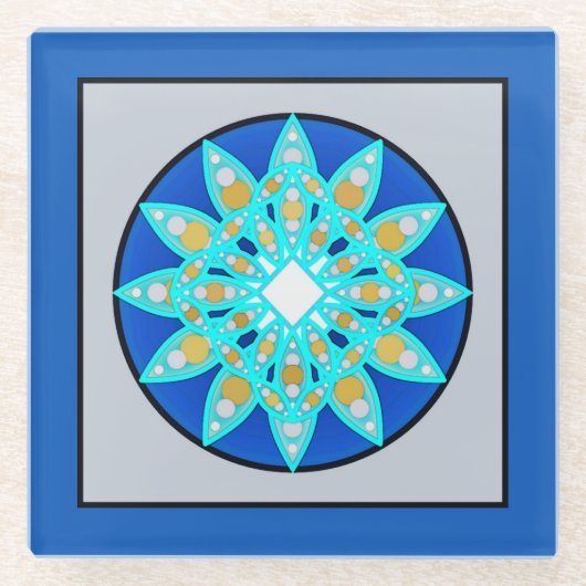 Mandala Pattern in Blue, Grey en Turquoise Glazen Onderzetter (Voorkant)
