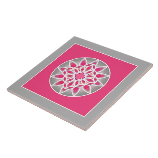 Mandala Pattern in Fuchsia Pink, Grey and White Tegeltje (Zijkant)