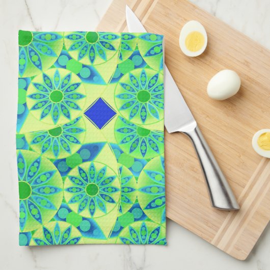 Mandala Pattern, Turquoise, Blue, Lime Green Theedoek (Quarter Fold)