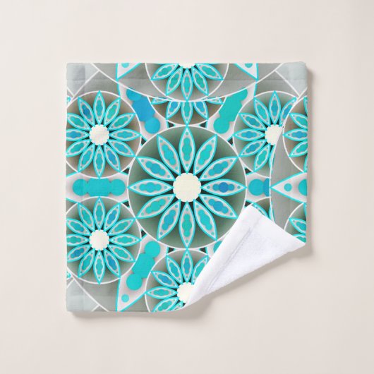Mandala Pattern, Turquoise, Silver Grey en White Bad Handdoek (Wasdoekje)