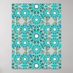 Mandala Pattern, Turquoise, Silver Grey en White Poster