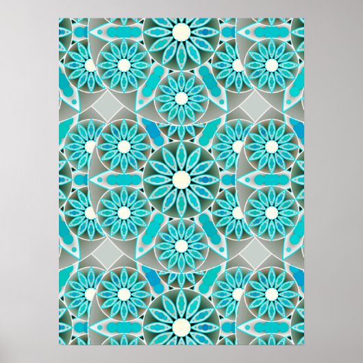 Mandala Pattern, Turquoise, Silver Grey en White Poster (Voorkant)