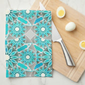 Mandala Pattern, Turquoise, Silver Grey en White Theedoek (Quarter Fold)