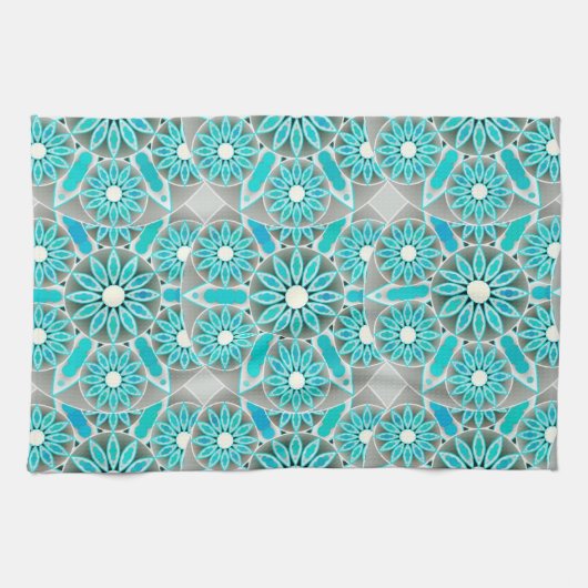 Mandala Pattern, Turquoise, Silver Grey en White Theedoek (Horizontaal)