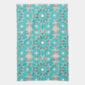 Mandala Pattern, Turquoise, Silver Grey en White Theedoek (Verticaal)