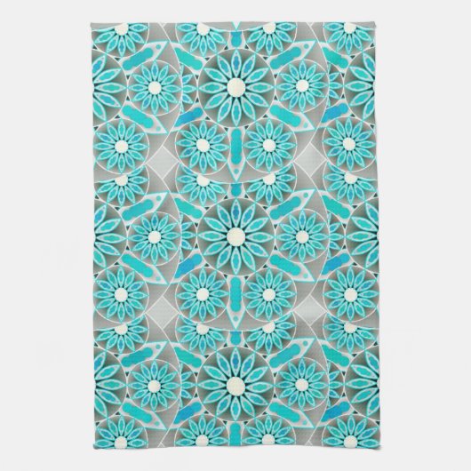 Mandala Pattern, Turquoise, Silver Grey en White Theedoek (Verticaal)