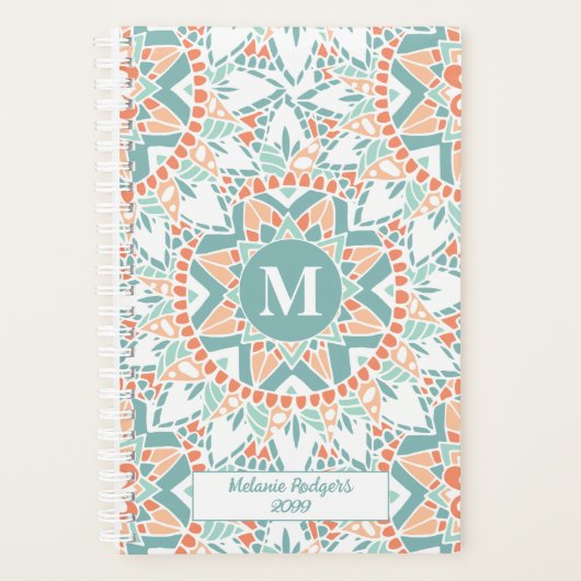 Mandala Peach Blauwgroen gepersonaliseerd Planner (Voorkant)