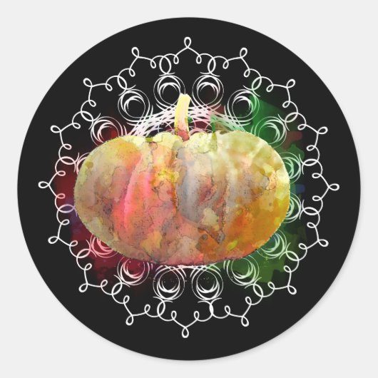 Mandala Pumpkin Waterverf Damask Herfst Season Ronde Sticker (Voorkant)