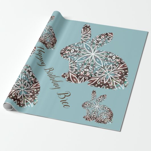 Mandala Rabbit Chocolate en Blues Custom Wrapping Cadeaupapier (Uitgerold)
