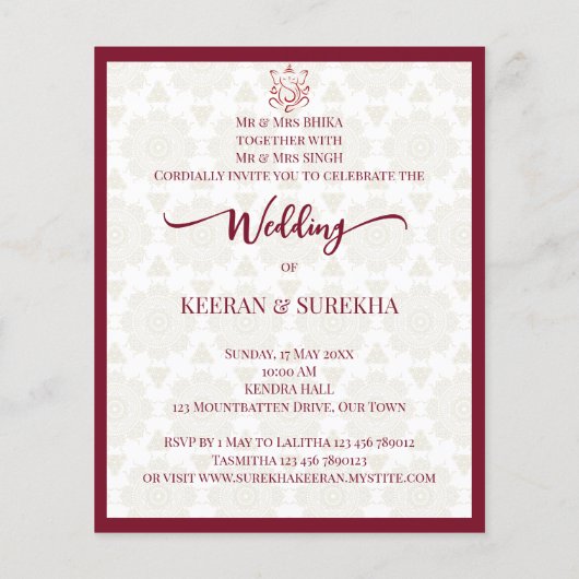 Mandala rangoli-olifantenbudget huwelijksuitnodigi (Achterkant)