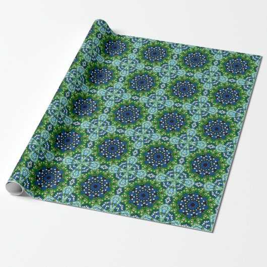 Mandala Retro Mosaic Green Blue Pattern Cadeaupapier (Uitgerold)