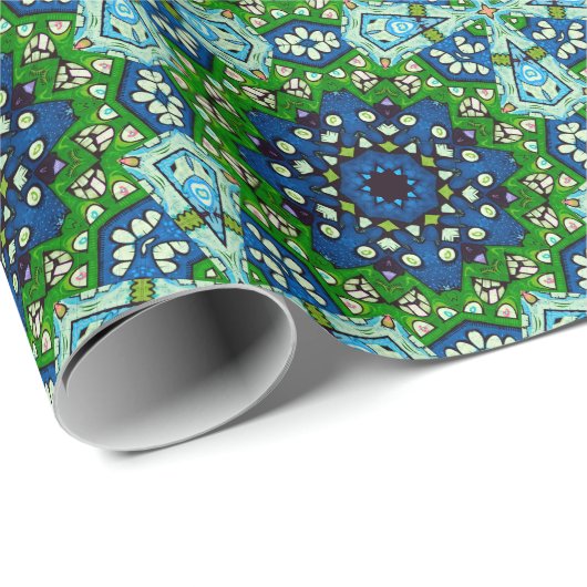 Mandala Retro Mosaic Green Blue Pattern Cadeaupapier (Rol Hoek)