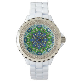 Mandala Retro Mosaic Green Blue Pattern Horloge