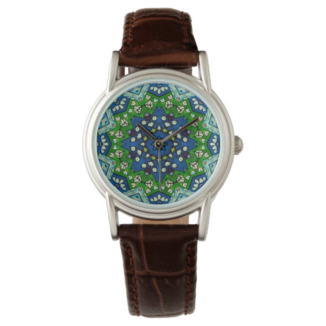 Mandala Retro Mosaic Green Blue Pattern Horloge (Voorkant)