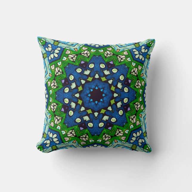 Mandala Retro Mosaic Green Blue Pattern Kussen (Voorkant)