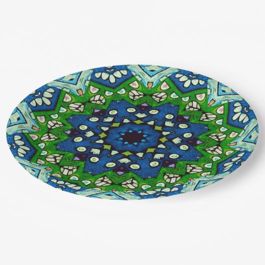 Mandala Retro Mosaic Green Blue Pattern Papieren Bordje (Gekanteld)