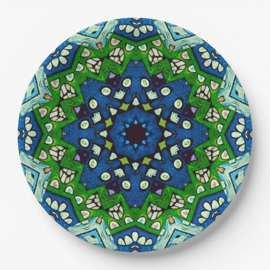 Mandala Retro Mosaic Green Blue Pattern Papieren Bordje (Voorkant)