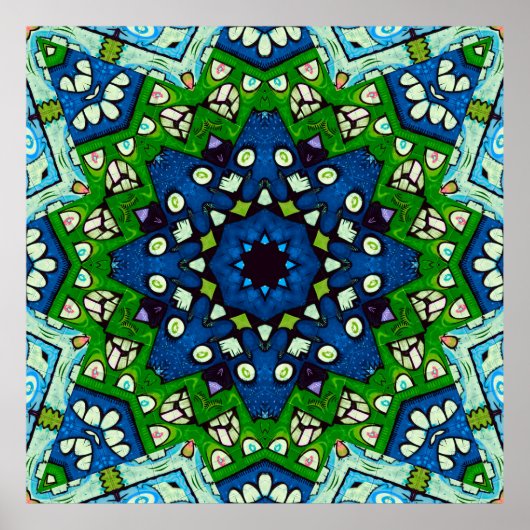 Mandala Retro Mosaic Green Blue Pattern Poster (Voorkant)
