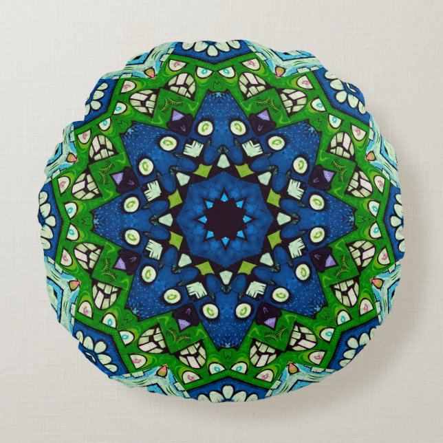 Mandala Retro Mosaic Green Blue Pattern Rond Kussen (Voorkant)