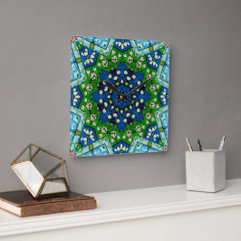 Mandala Retro Mosaic Green Blue Pattern Vierkante Klok
