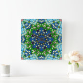 Mandala Retro Mosaic Green Blue Pattern Vierkante Klok (Huis)