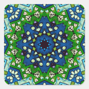 Mandala Retro Mosaic Green Blue Pattern Vierkante Sticker