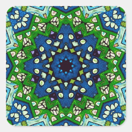Mandala Retro Mosaic Green Blue Pattern Vierkante Sticker (Voorkant)