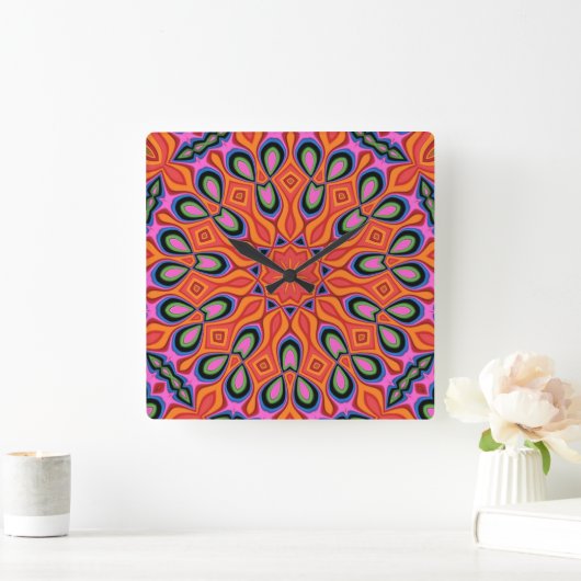 Mandala Retro Oranje Hipster Decor Vierkante Klok (Huis)