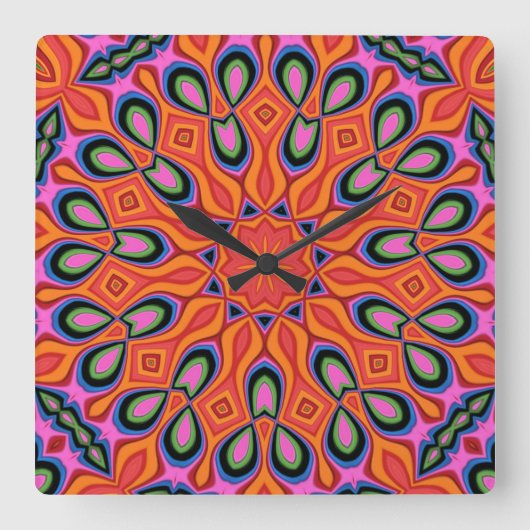 Mandala Retro Oranje Hipster Decor Vierkante Klok (Voorkant)