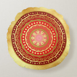 Mandala Rood Gouden Stippen op Zachte Gouden Achte Rond Kussen