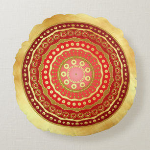 Mandala Rood Gouden Stippen op Zachte Gouden Achte Rond Kussen