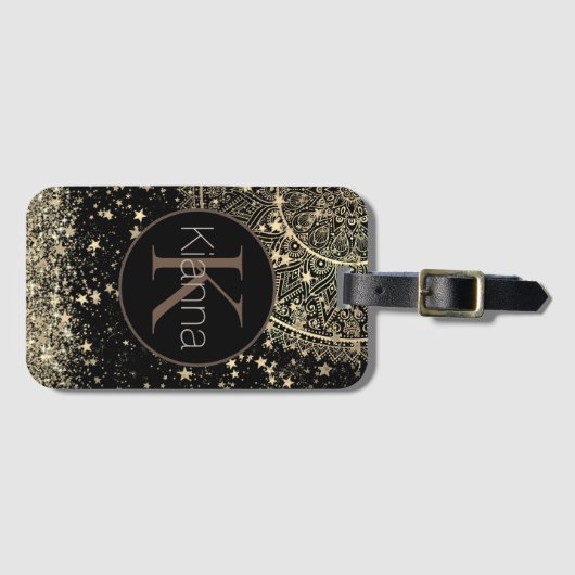 Mandala scannen met Gold Stars Monogram Bagagelabel (Voorkant (horizontaal))