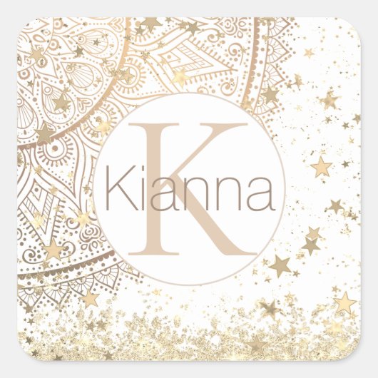 Mandala scannen met Gold Stars Monogram Vierkante Sticker (Voorkant)