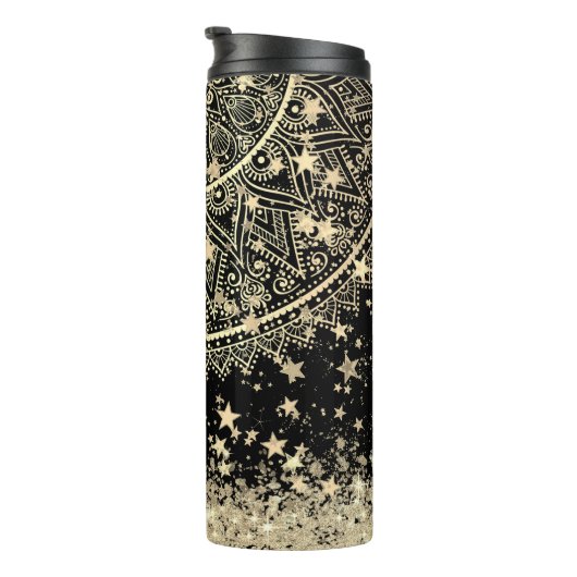 Mandala scannen met gouden sterren op zwart thermosbeker (Geroteerd rechts)