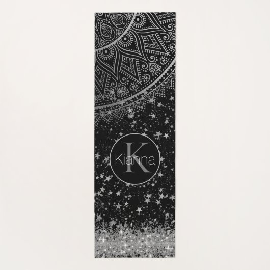 Mandala scannen met zilveren sterren op zwart yogamat (Achterkant)