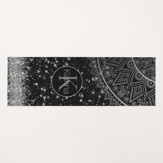 Mandala scannen met zilveren sterren op zwart yogamat (Voorkant (horizontaal))